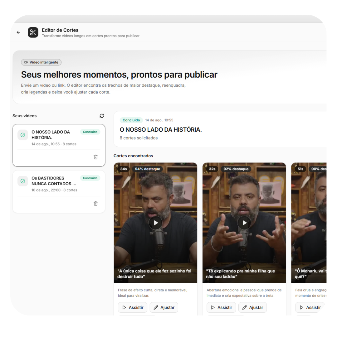 Editor de Cortes com um vídeo longo convertido em vários clipes verticais